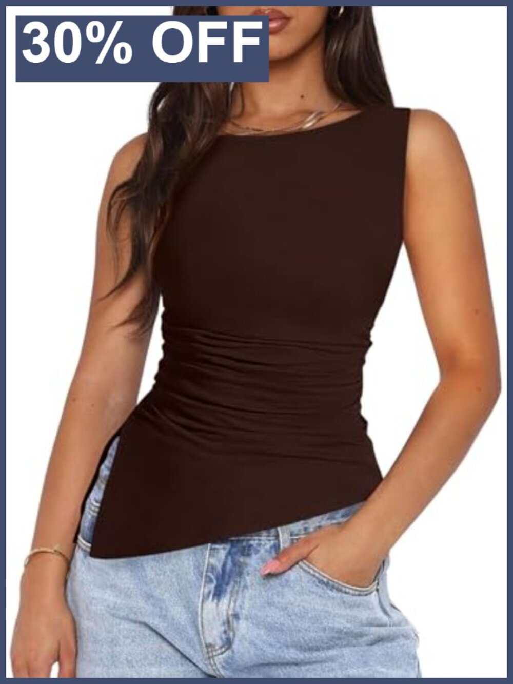Women's Ruched Sleeveless Tank Top Summer Y2K Slim Fit Boat Neck Side Slit